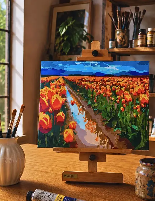 Tela com um campo de tulipas sobre um cavalete de mesa